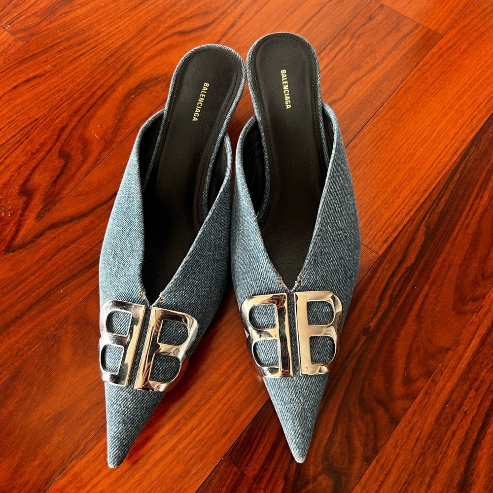Balenciaga Women's Denim Mules with Silver Accents